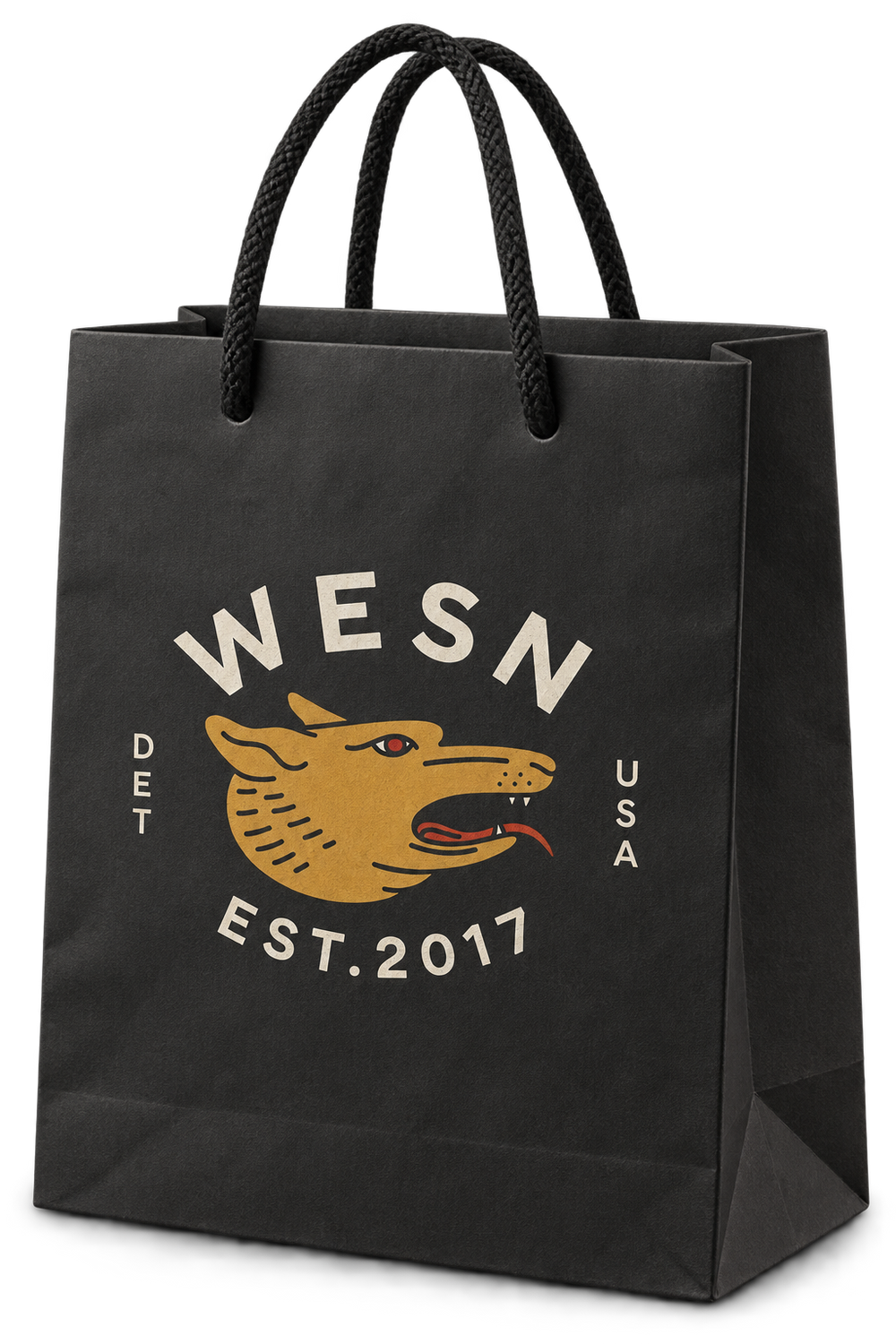 WESN charcoal gift bag with the gold wolf emblem
