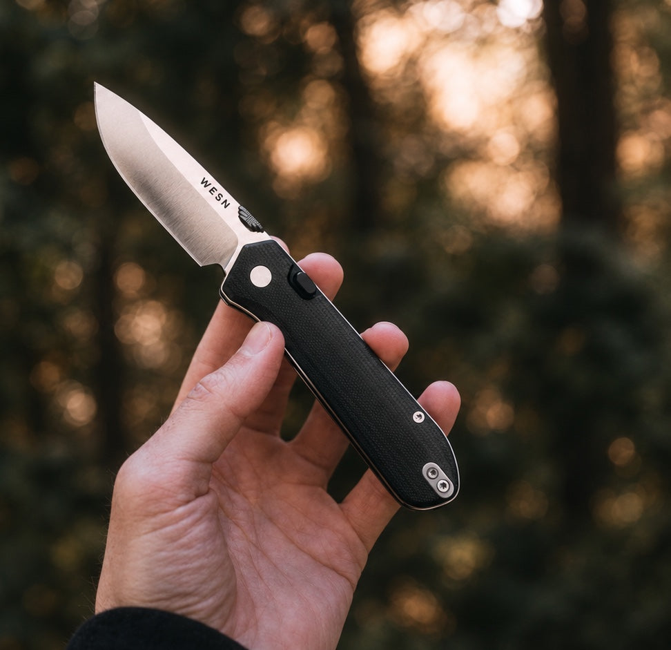 An open Black G10 WESN BOK held in a sunlit forest